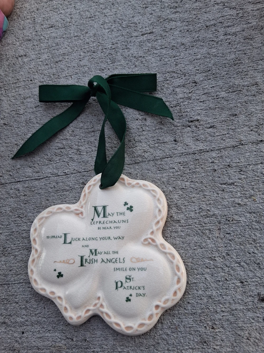 Cream Clover St. Patrick's Day Hanging Ornament with Green Ribbon